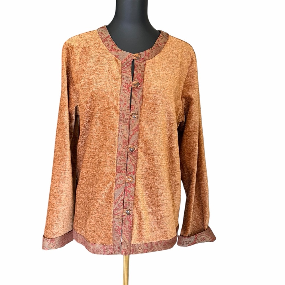 Coldwater Creek Copper Textured Button Front Cardigan with Tapestry Trim Size L